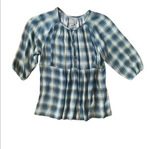Anthropologie Maeve Cavalon Blue Plaid Peplum Babydoll Top Blouse Size Medium